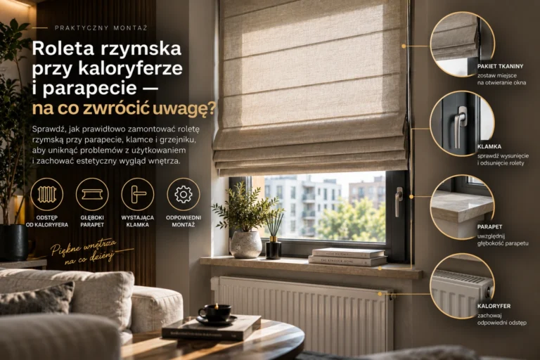 Roleta rzymska przy kaloryferze i parapecie — montaż